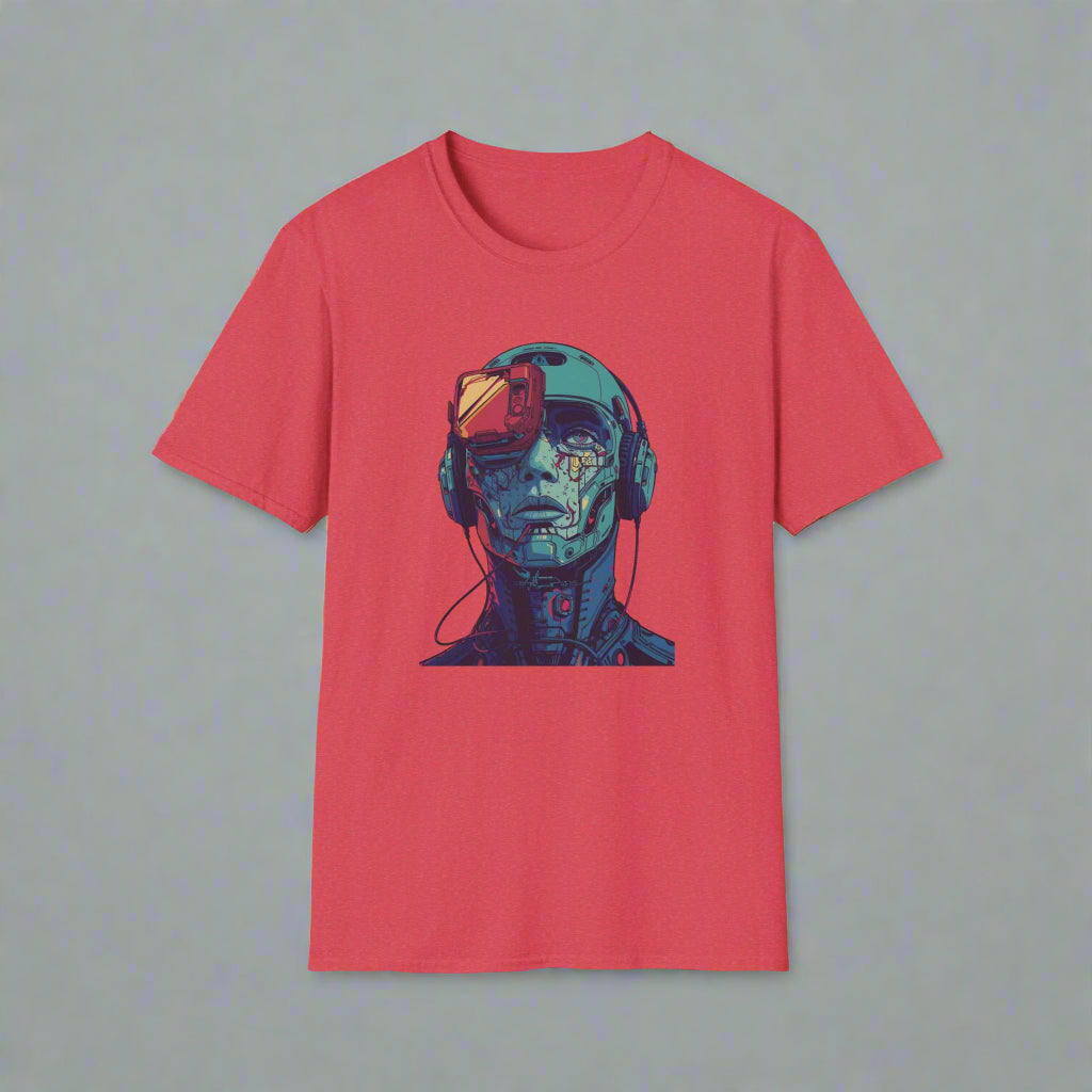 Red t-shirt with a graphic of a robot head