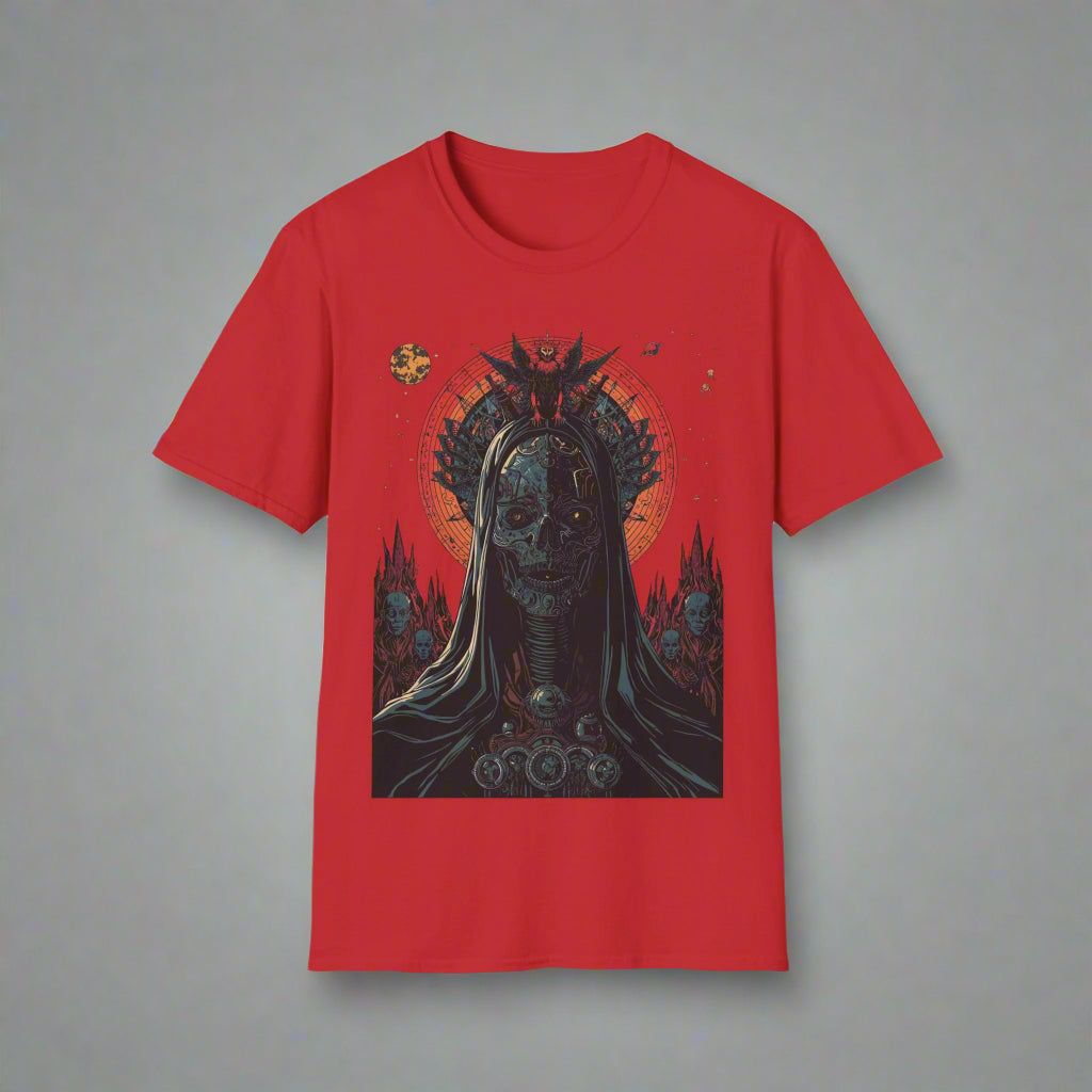 Red t-shirt with a black and white graphic design