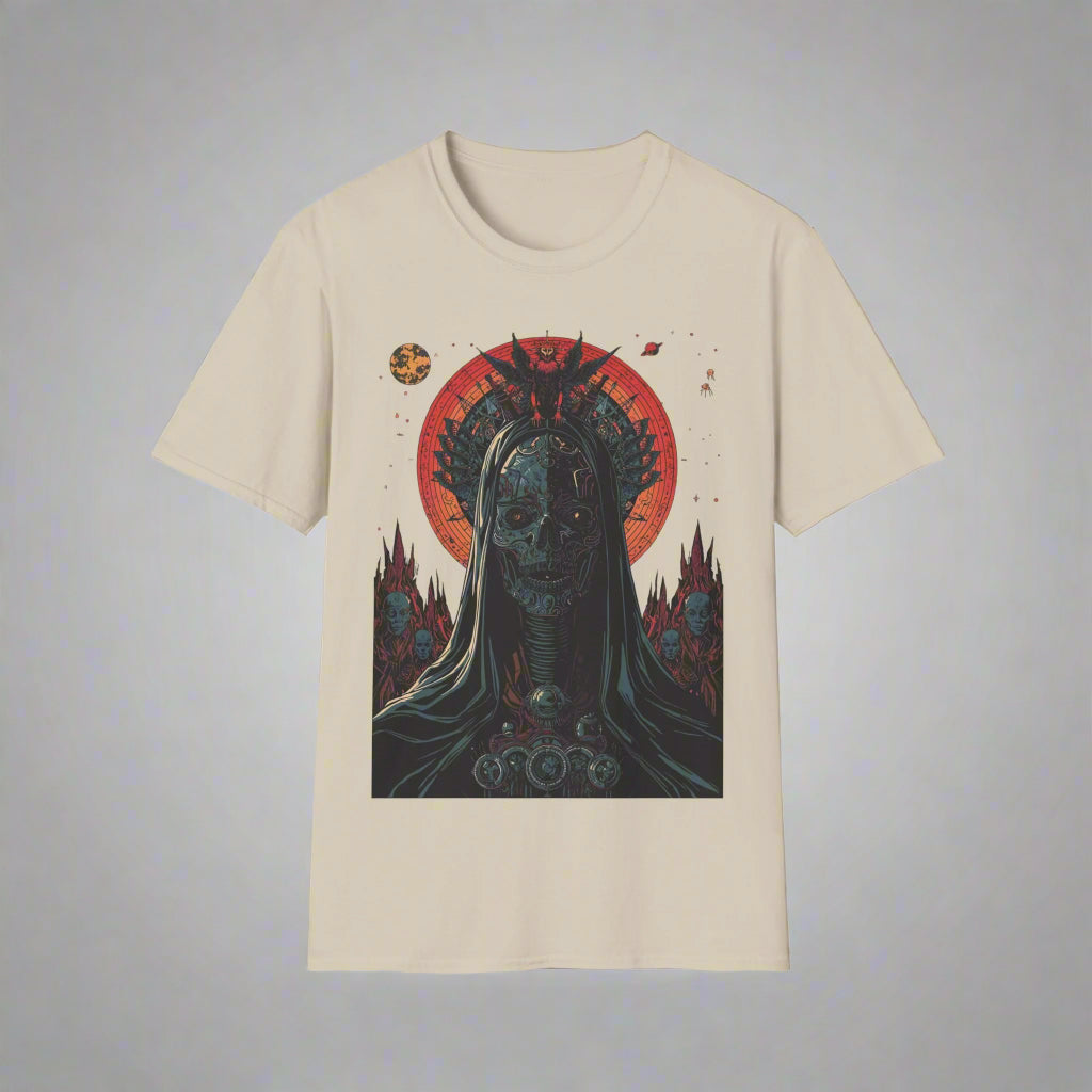 Beige t-shirt with a graphic design of a hooded figure and red circle