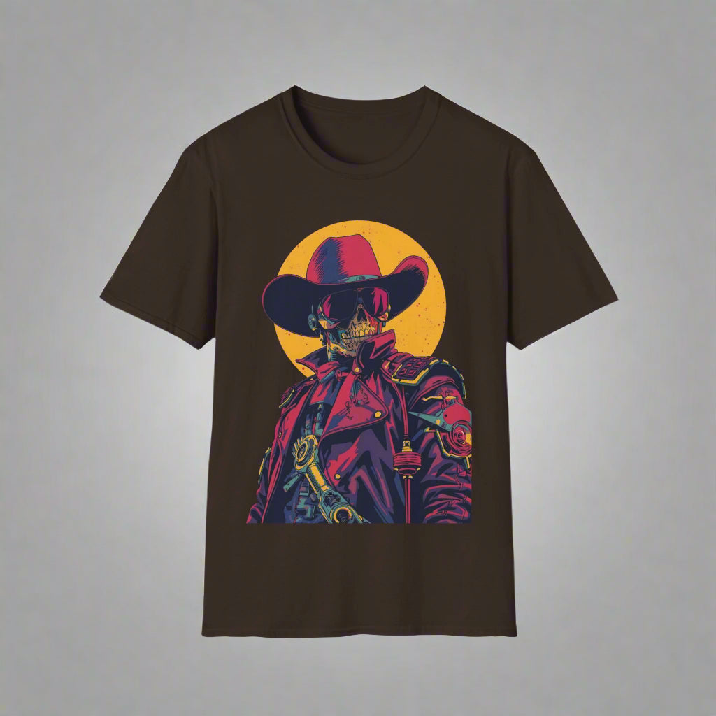Black t-shirt with a colorful graphic of a skeleton wearing a cowboy hat and coat
