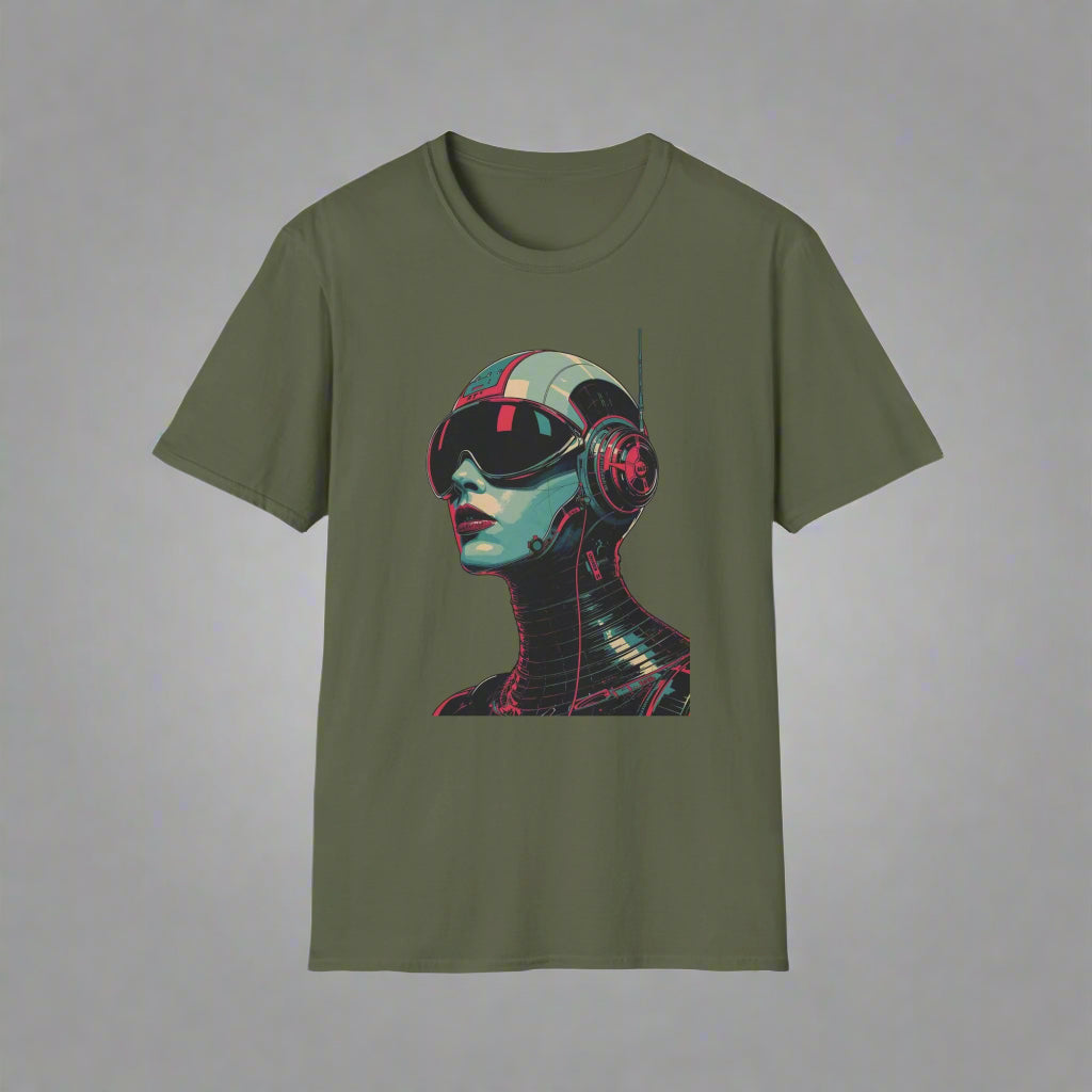 Green t-shirt with a futuristic design of a woman's face