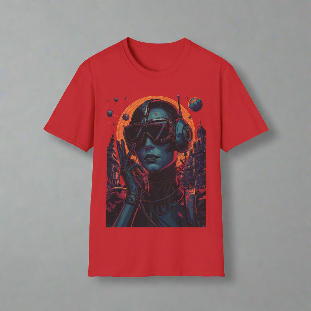 Red t-shirt with a futuristic design of a person wearing goggles