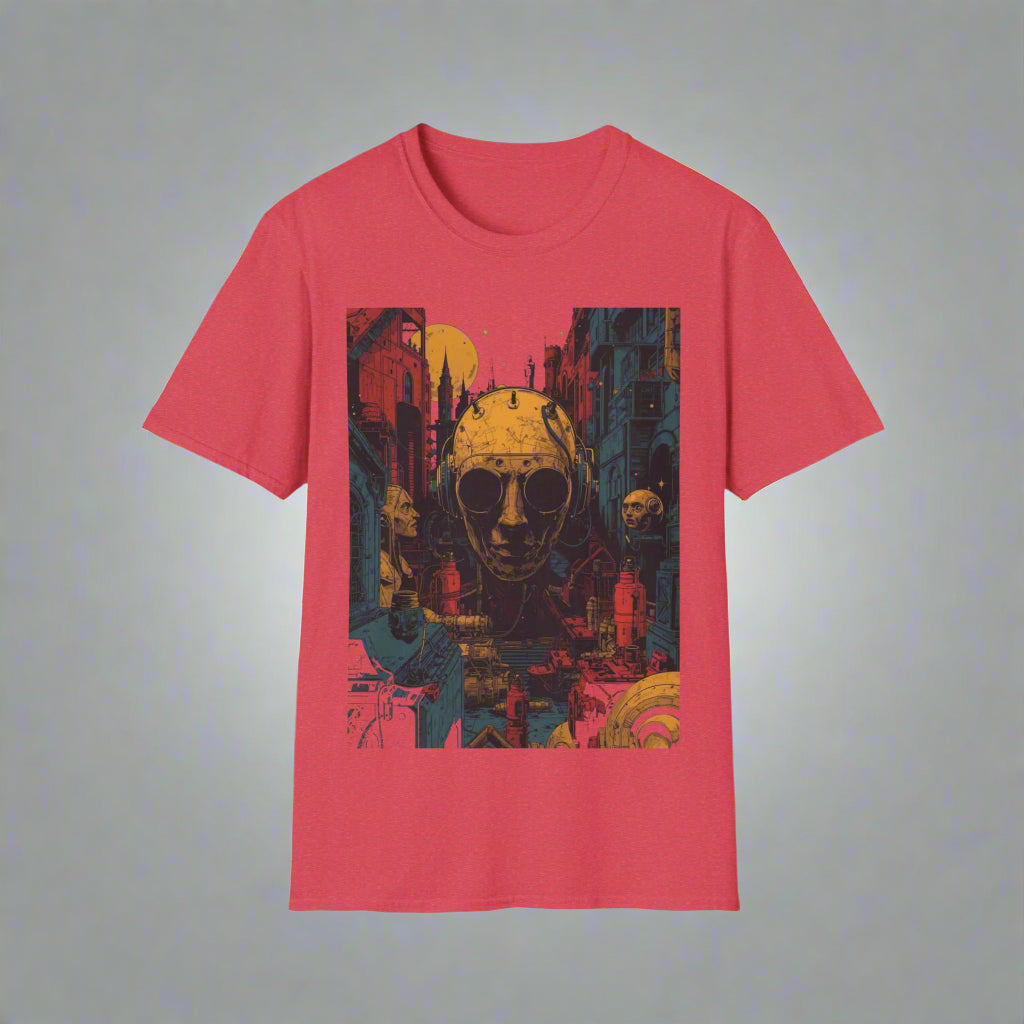 Red t-shirt with a graphic design of a face wearing sunglasses