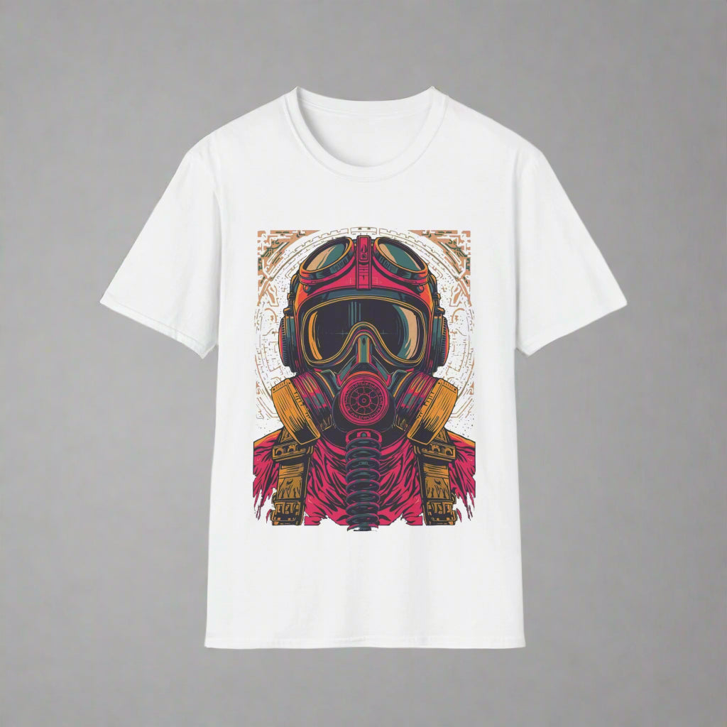 White t-shirt with a colorful graphic of a helmet and gas mask