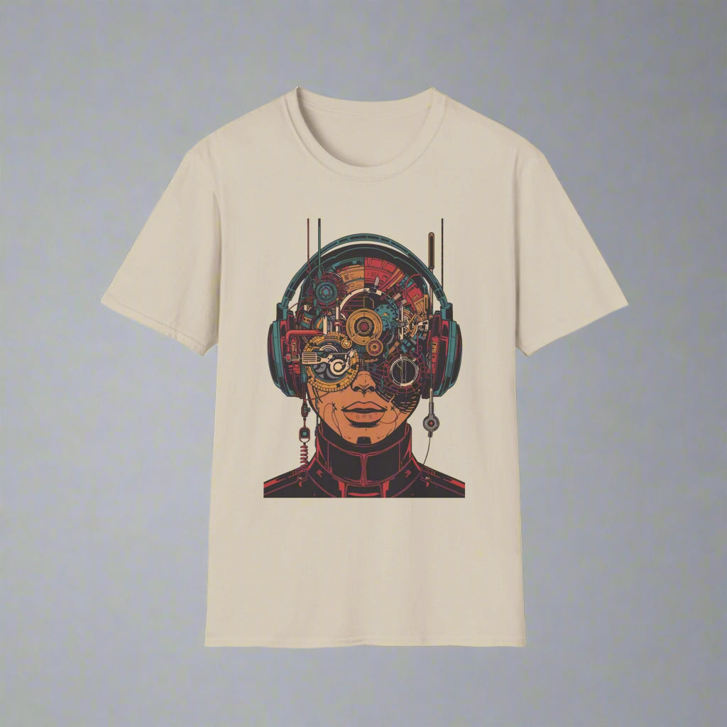 Beige t-shirt with a graphic design of a person wearing headphones and goggles