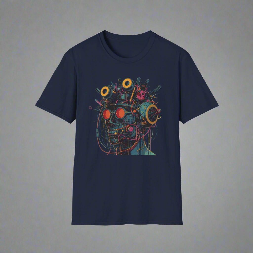 Navy blue t-shirt with a colorful abstract design