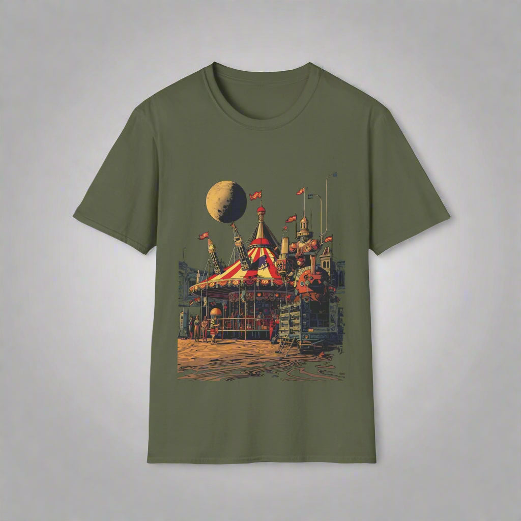 Green t-shirt with a space-themed design featuring a rocket and alien
