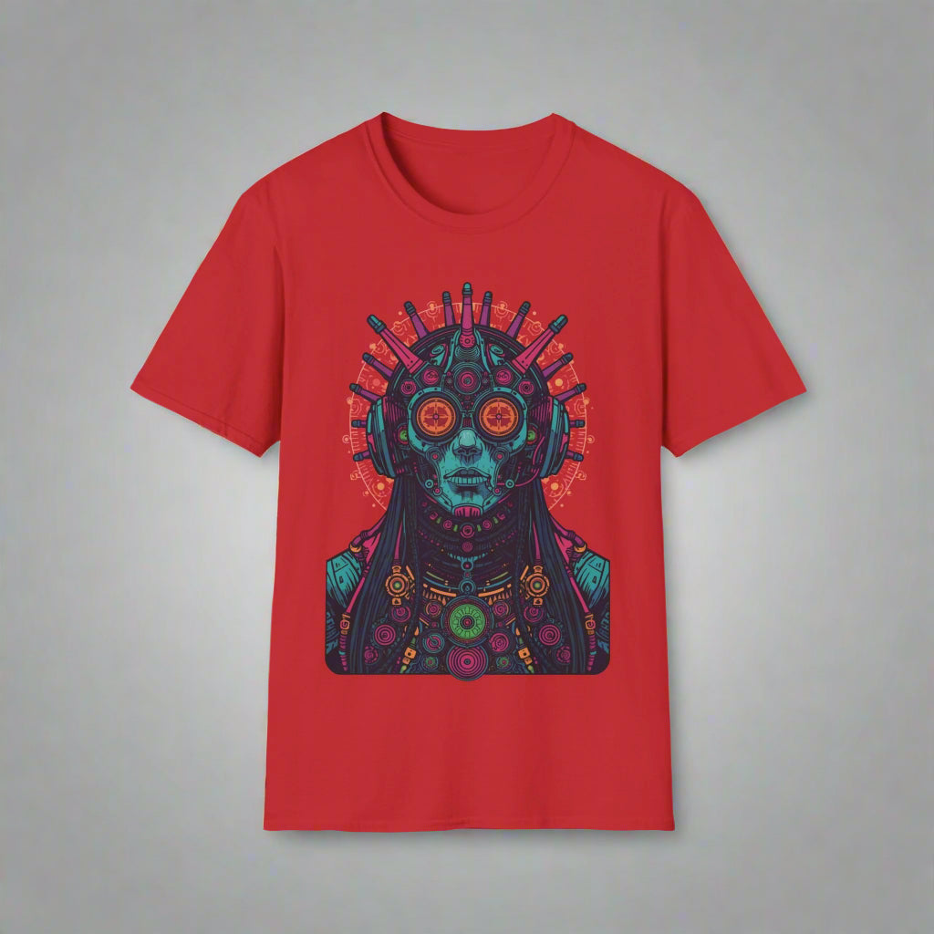 Red t-shirt with a colorful graphic design