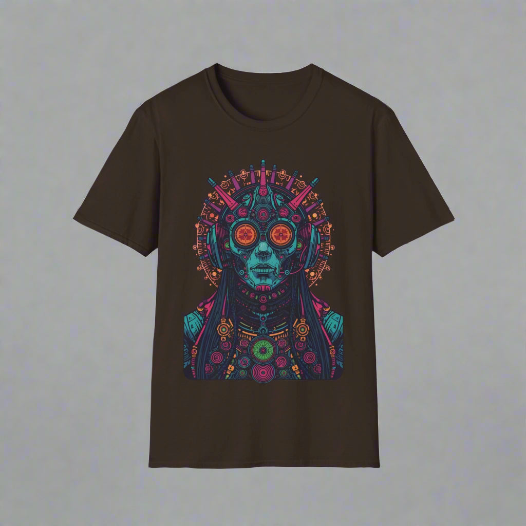 Black t-shirt with a colorful alien design