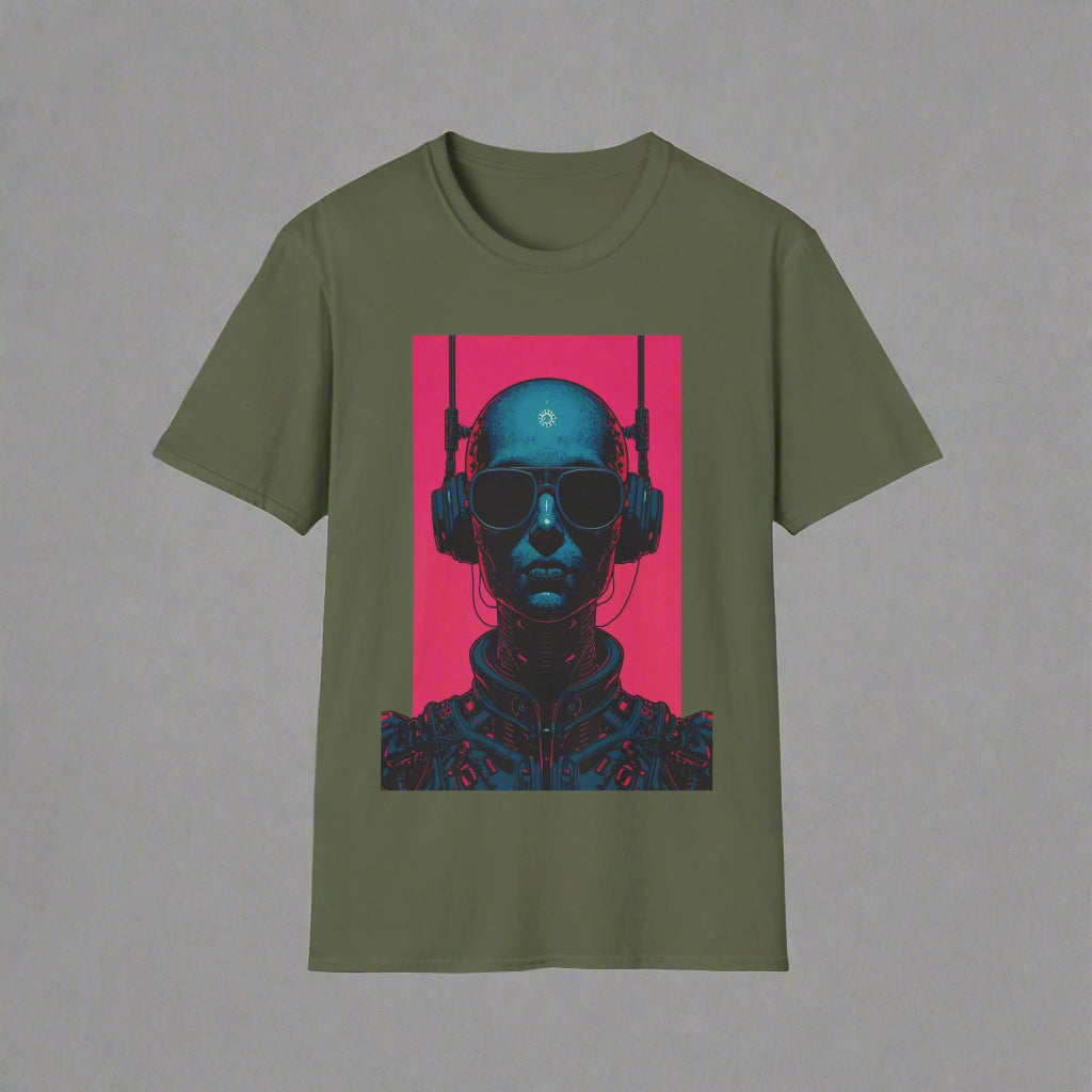 Green t-shirt with a graphic of a person wearing headphones and sunglasses