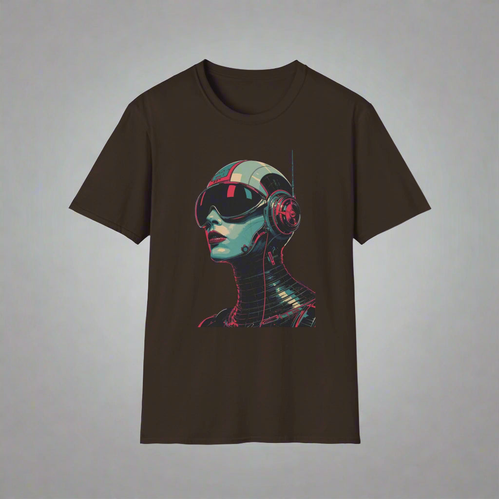 Black t-shirt with a futuristic robot design