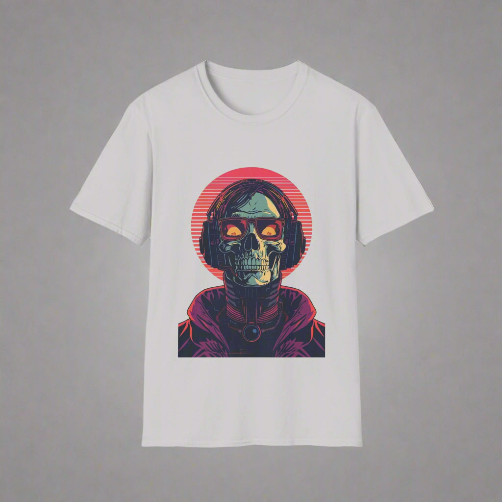 White t-shirt with a colorful graphic of a skull and red circle