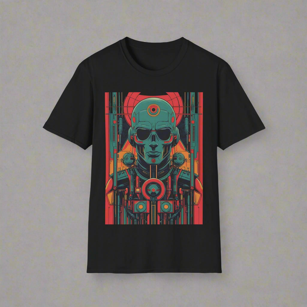 Black t-shirt with a colorful graphic design