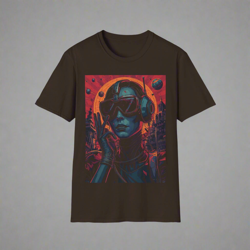 Black t-shirt with a graphic of a person in a futuristic outfit