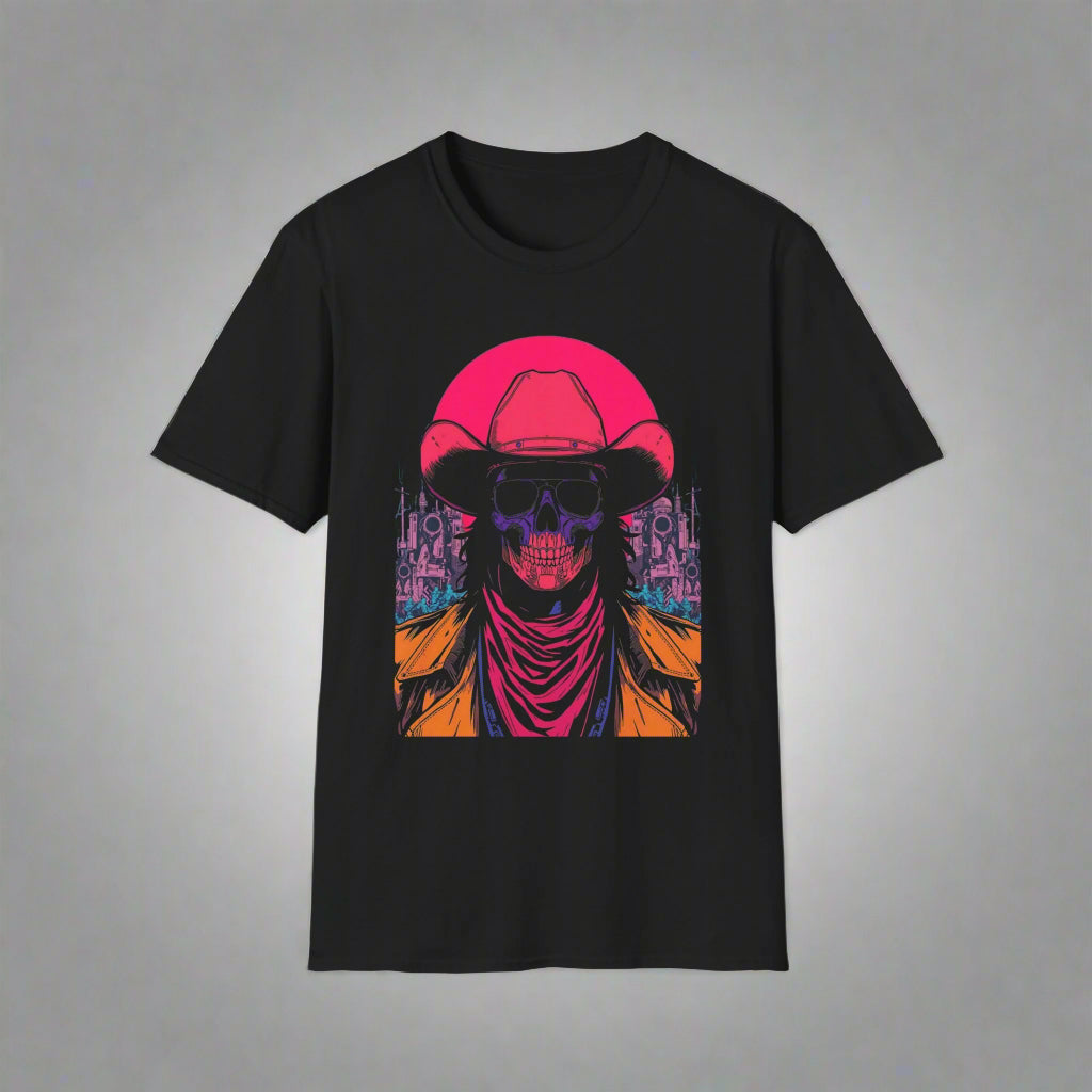 Black t-shirt with a colorful graphic of a skeleton wearing a cowboy hat