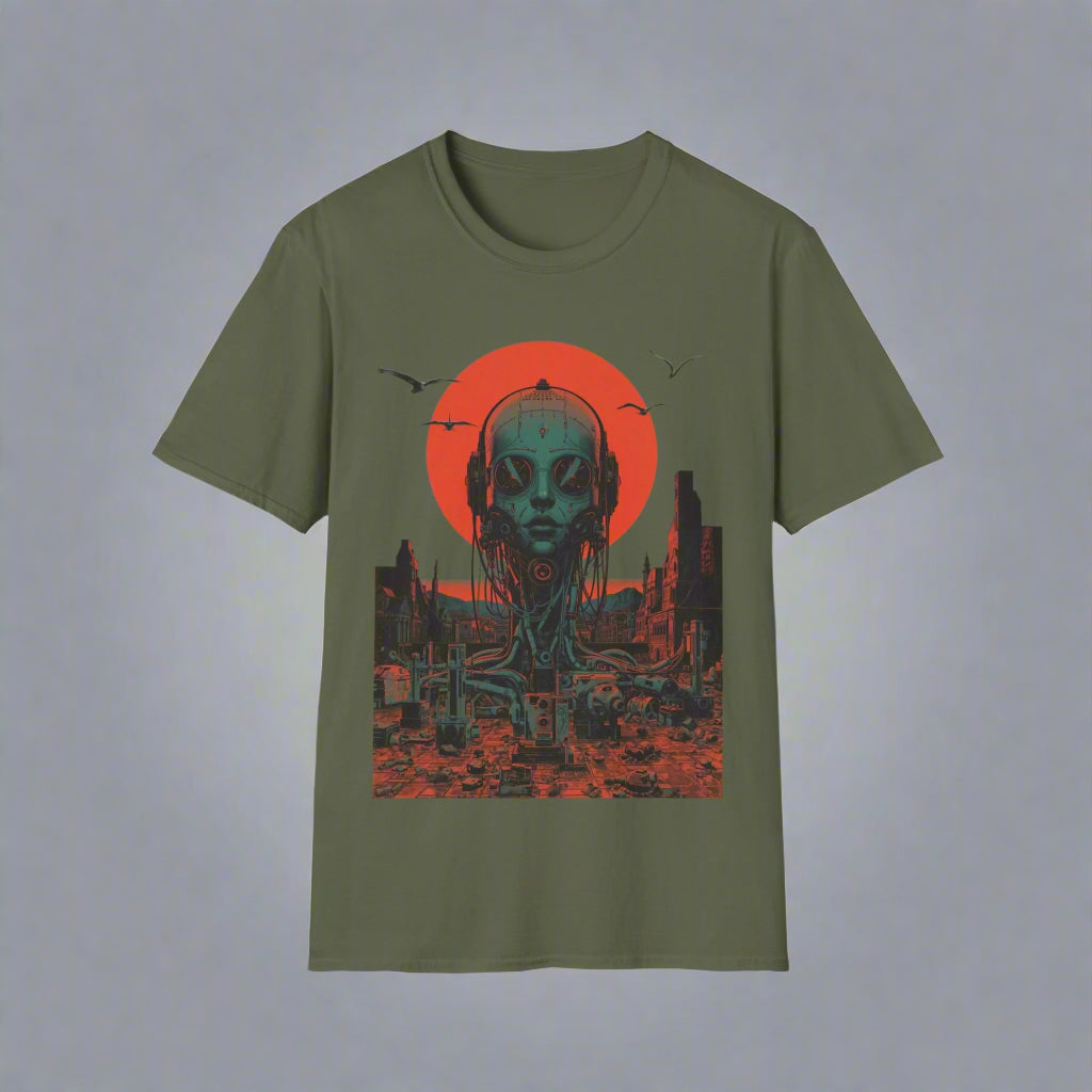 Green t-shirt with alien design and cityscape