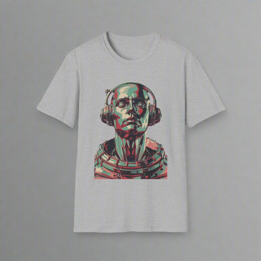 Gray t-shirt with a graphic design of a person wearing headphones