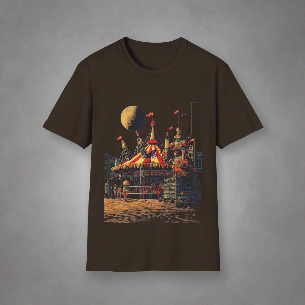 Brown t-shirt with a graphic design of a circus tent and moon