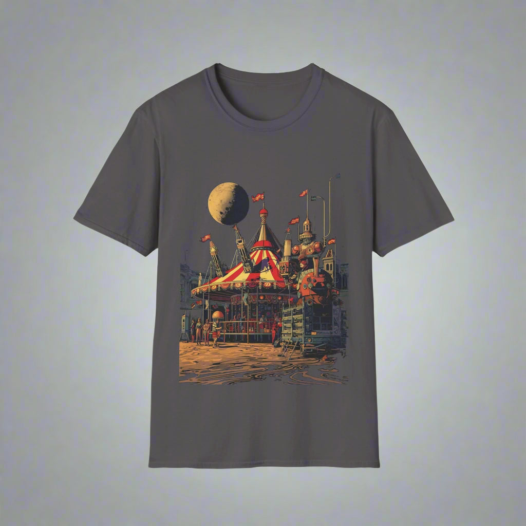 Gray t-shirt with a space-themed design featuring a Ferris wheel and flags