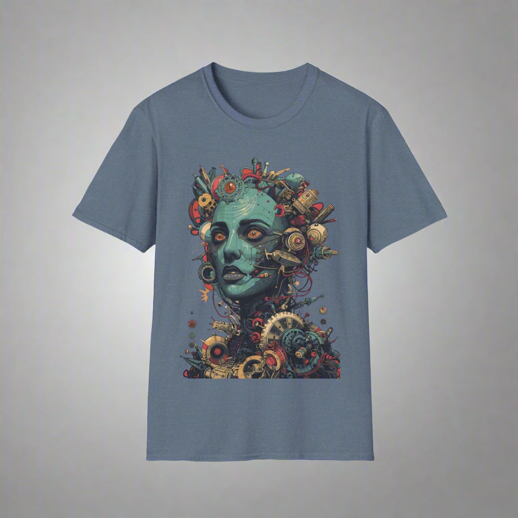 Blue t-shirt with a colorful graphic design