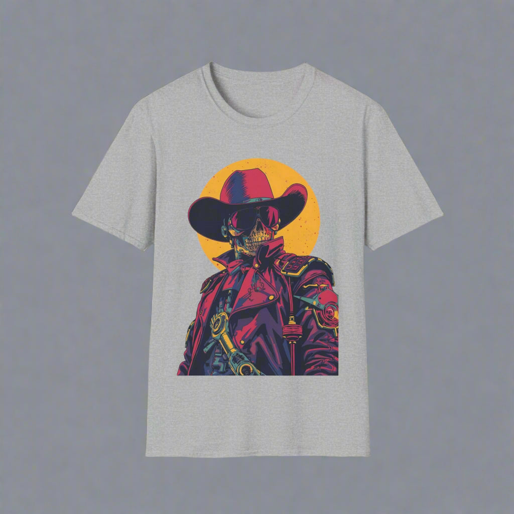 Gray t-shirt with a colorful skeleton cowboy graphic