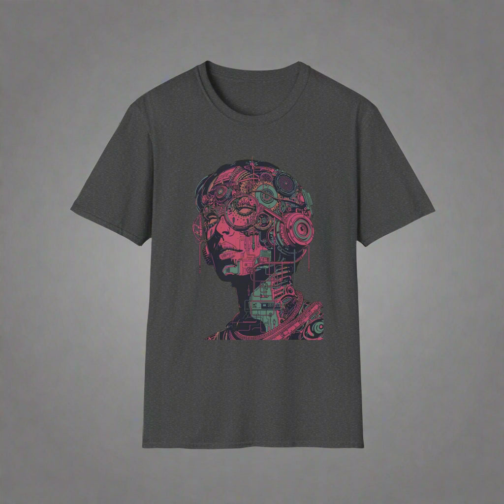 Dark gray t-shirt with a colorful robot head design