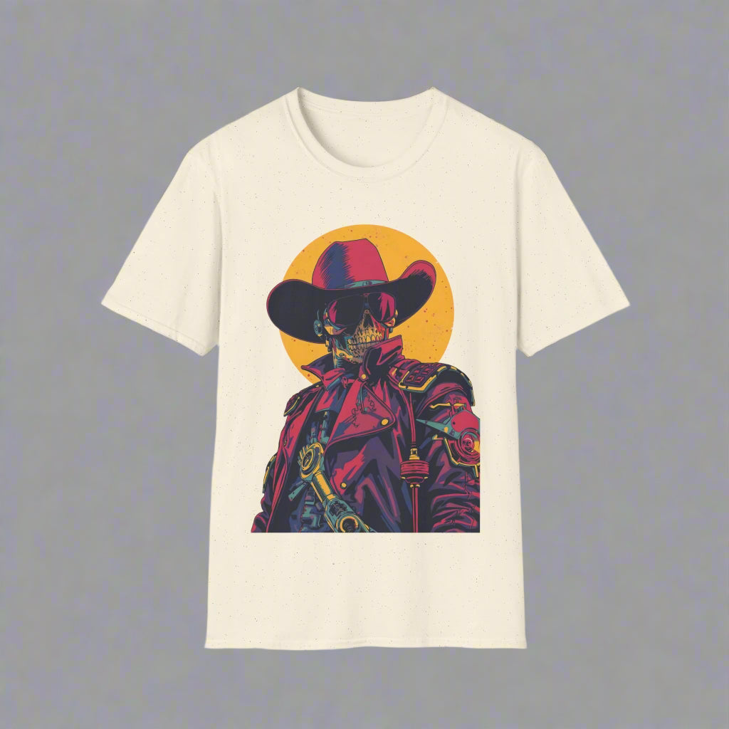Beige t-shirt with a colorful graphic of a skeleton in a cowboy outfit