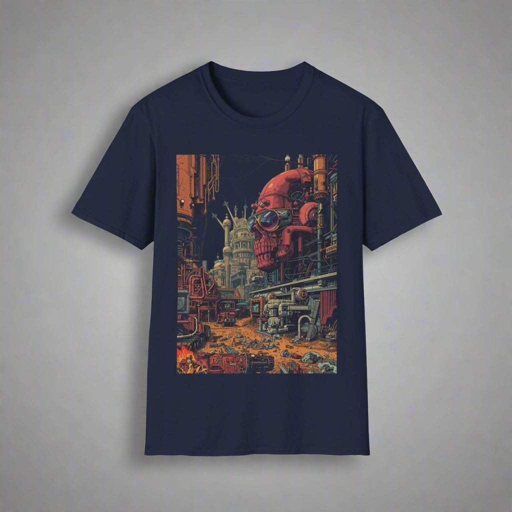 Navy blue t-shirt with a colorful graphic design