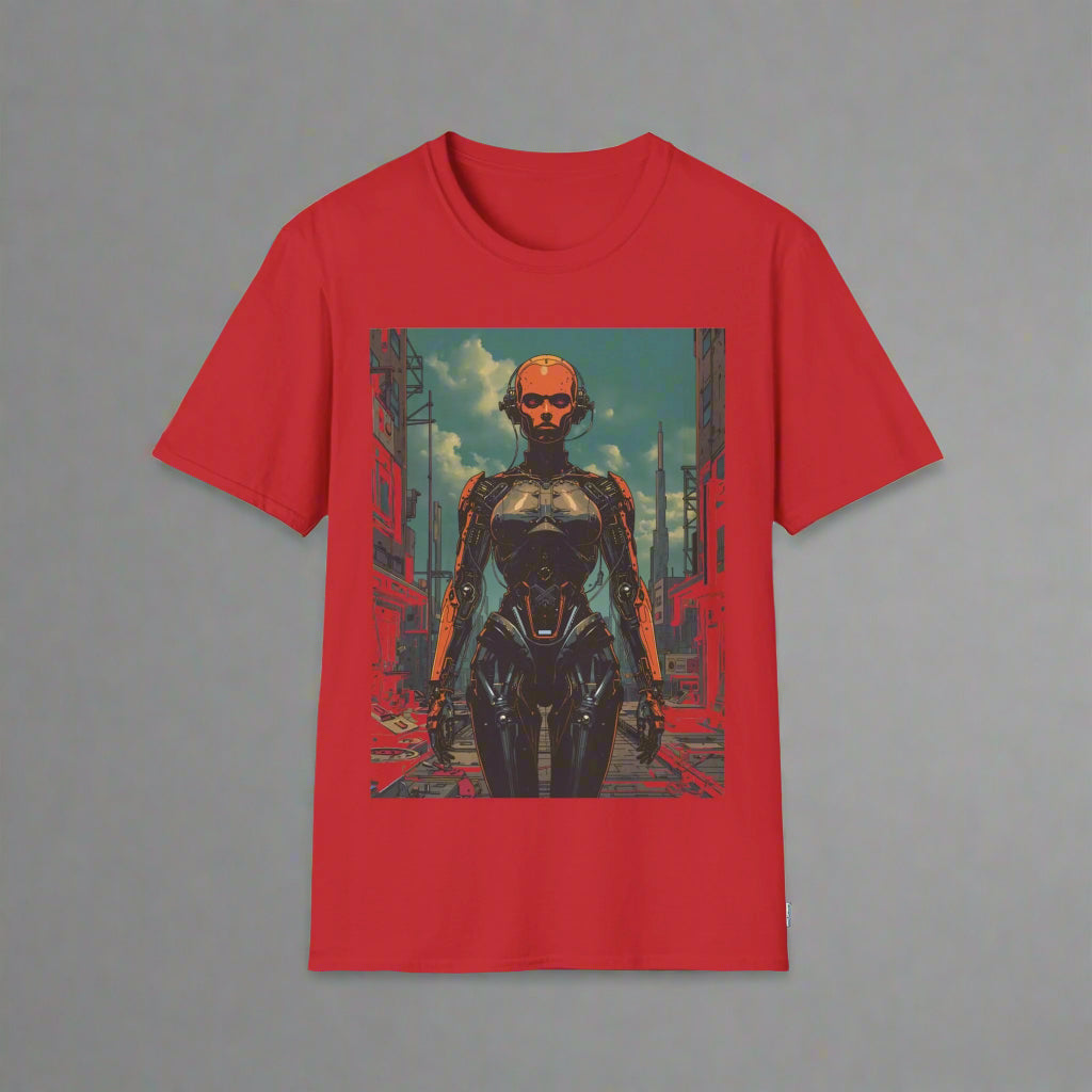 Red t-shirt with a graphic of a robot in an urban setting