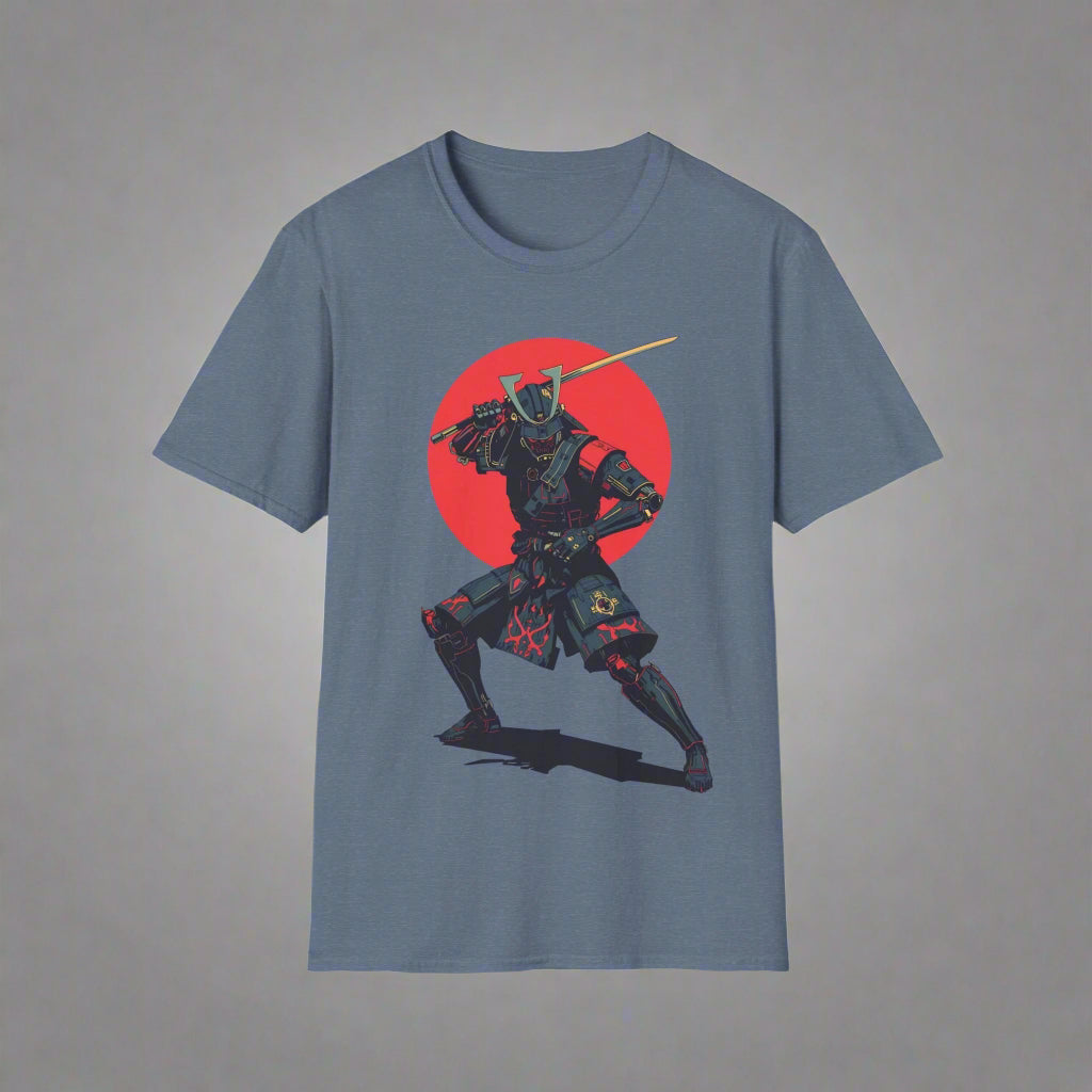 Blue t-shirt with a graphic of a warrior and red circle