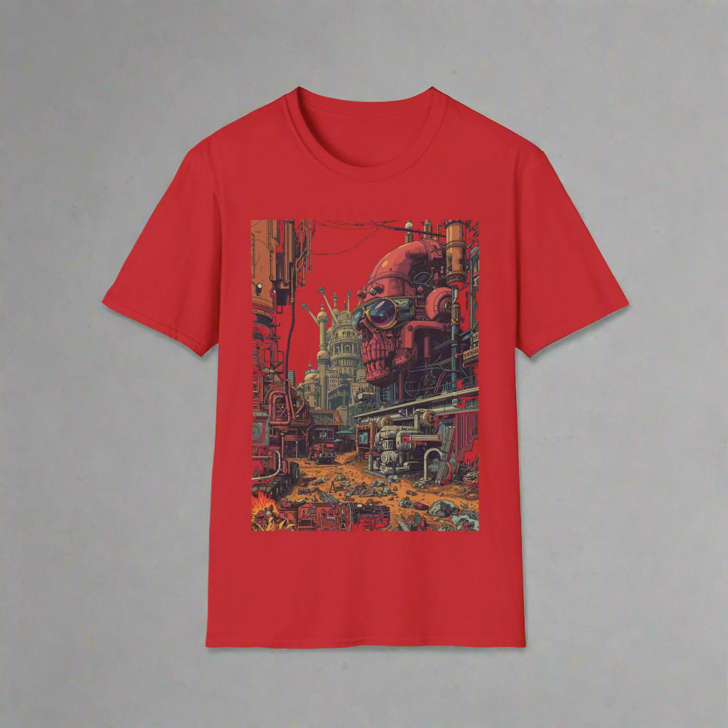 Red t-shirt with a graphic design of a robot skull in an urban setting