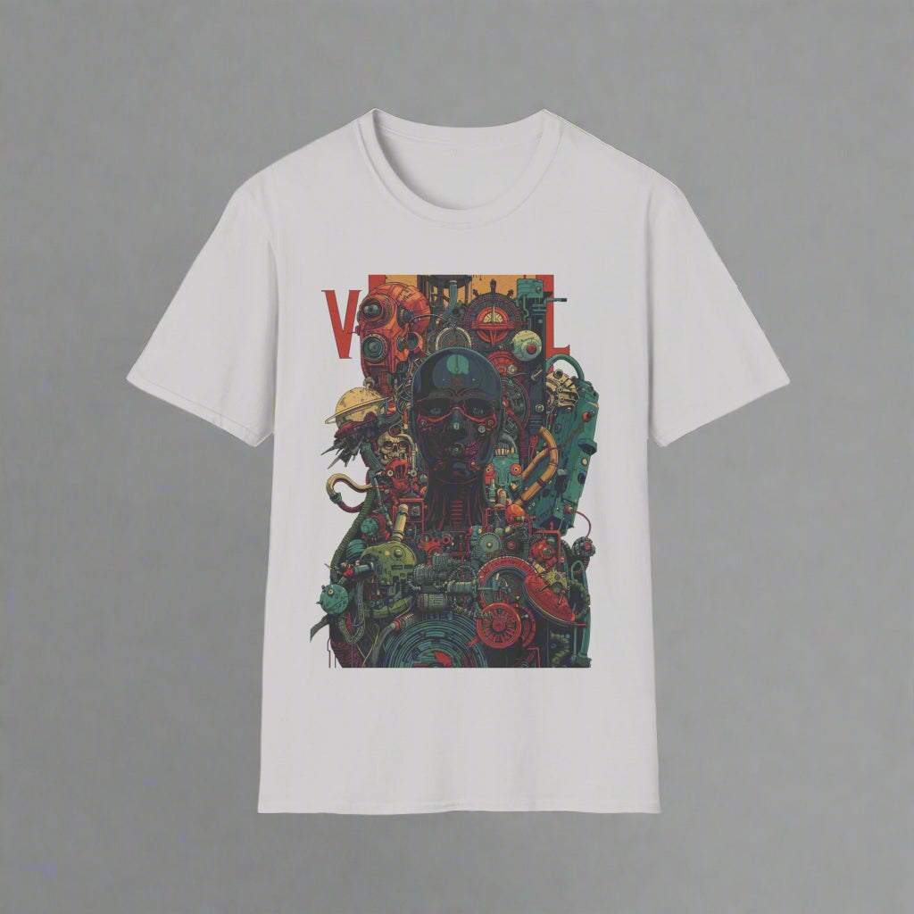 White t-shirt with a colorful graphic design