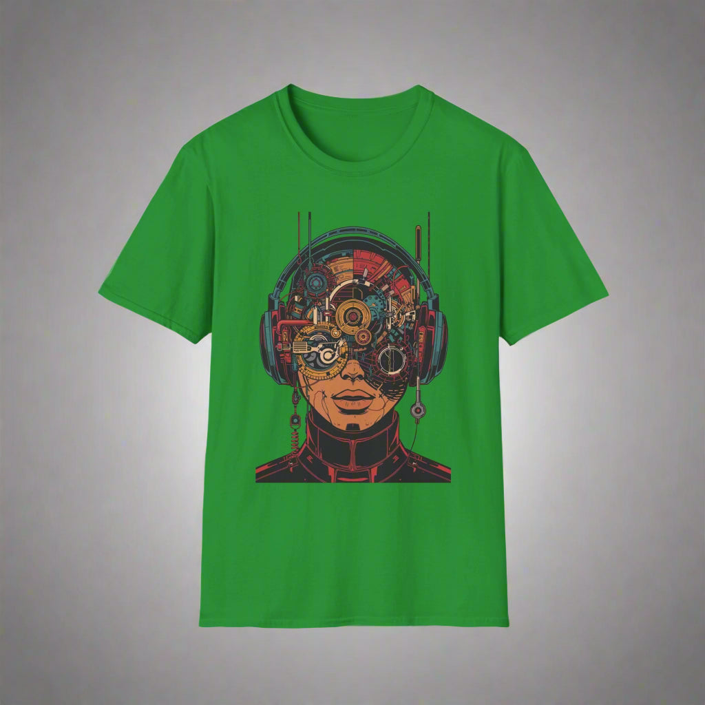 Green t-shirt with a mechanical head design
