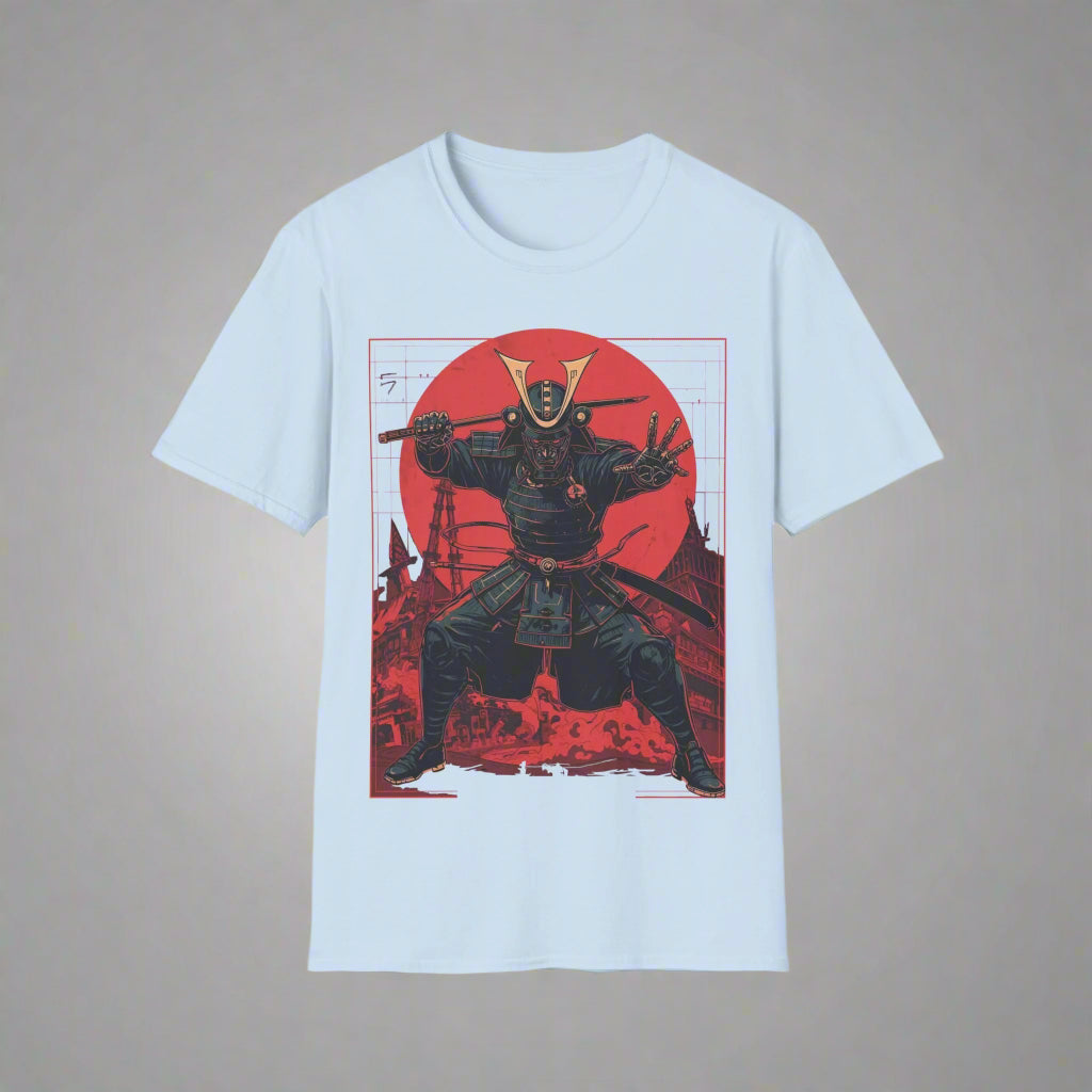 Light blue t-shirt with a graphic of a warrior