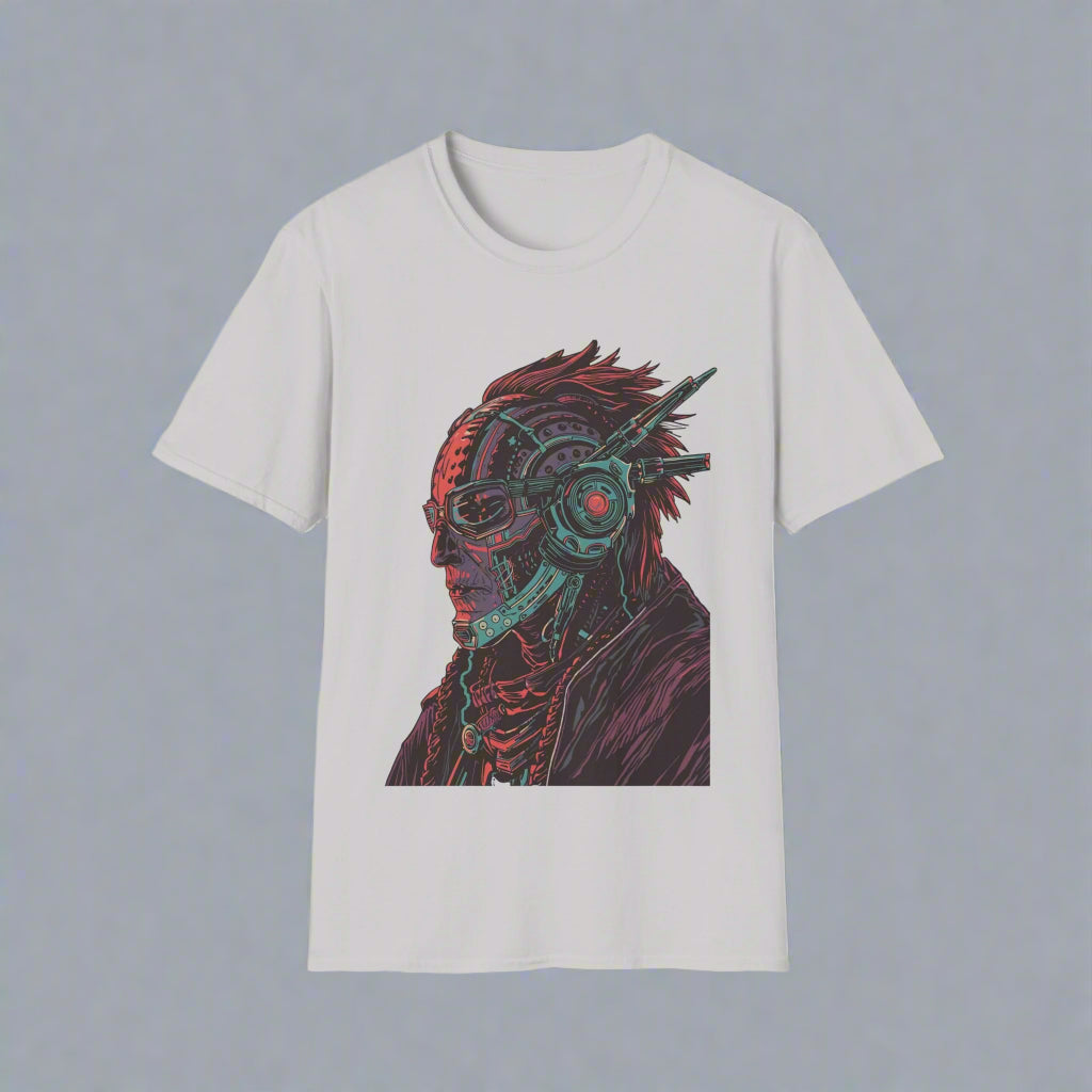 White t-shirt with a colorful graphic design