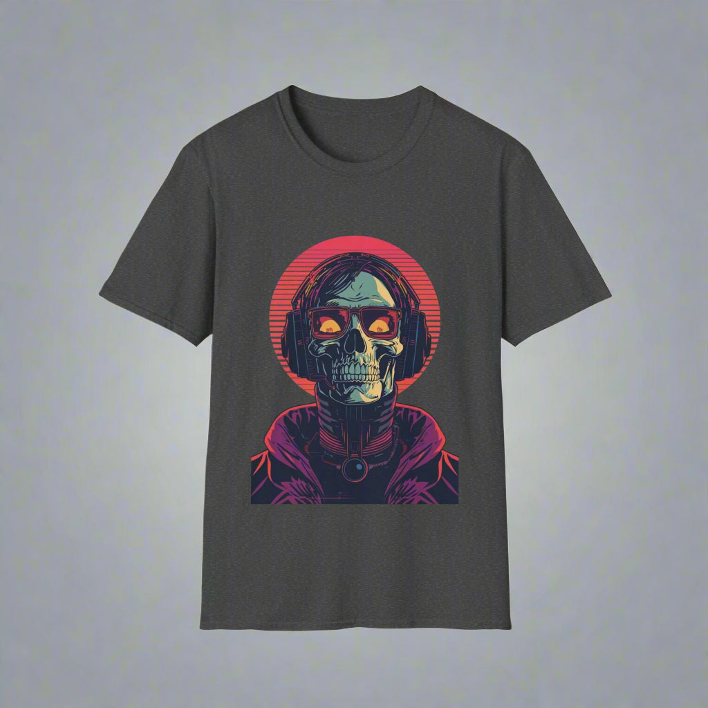 Dark gray t-shirt with a colorful graphic of a skull