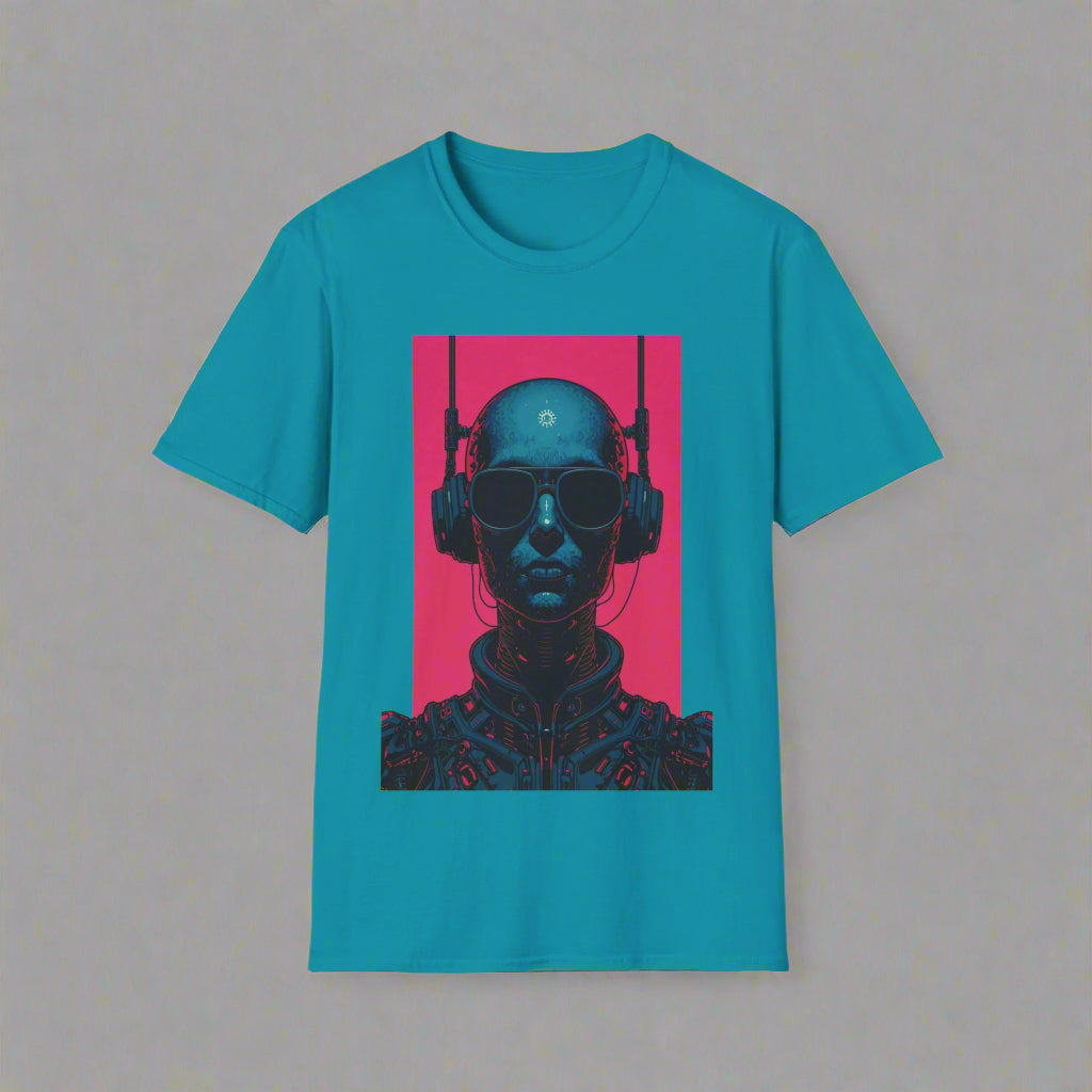 Teal t-shirt with a graphic of a person wearing headphones and sunglasses