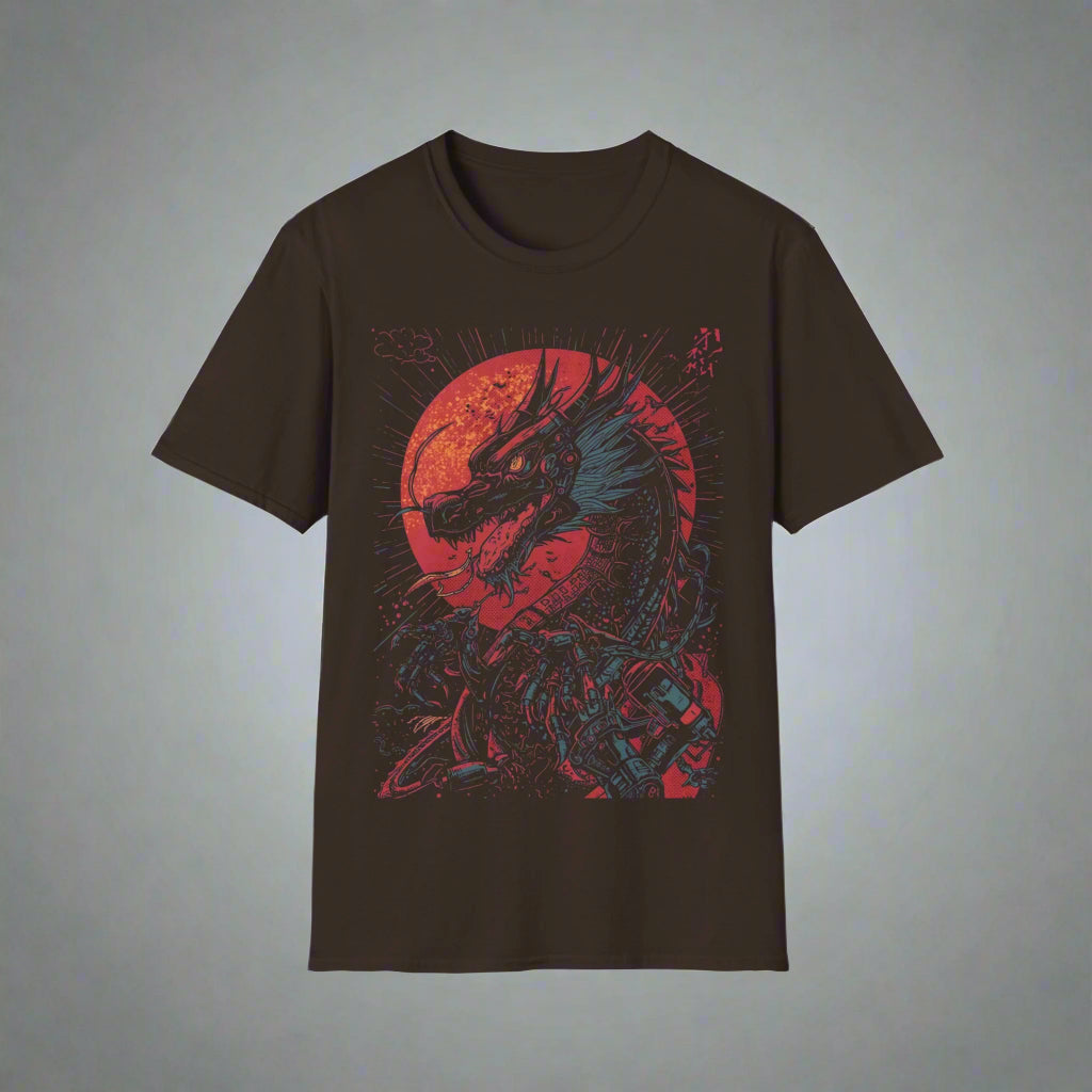 Black t-shirt with a red and blue dragon design