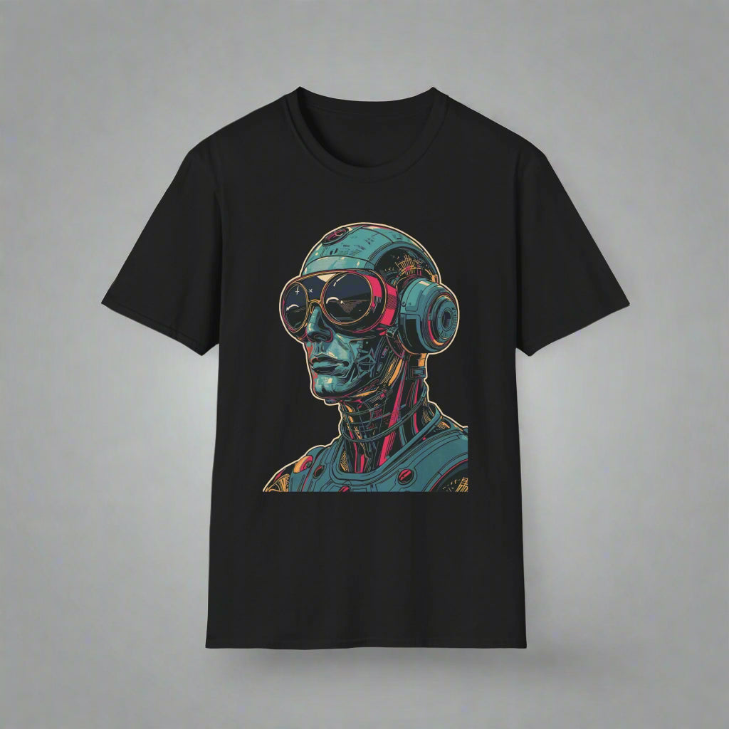 Black t-shirt with a robot graphic design