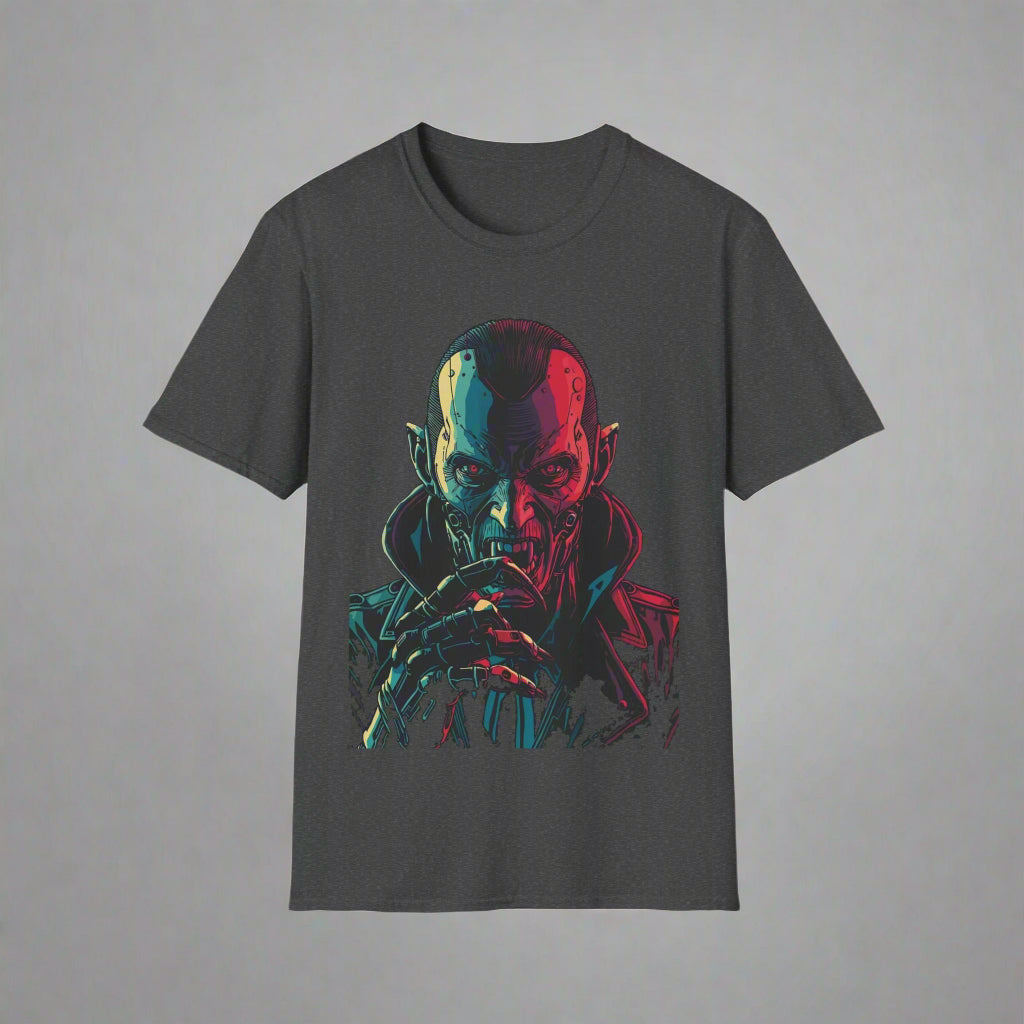 Dark gray t-shirt with a colorful graphic design