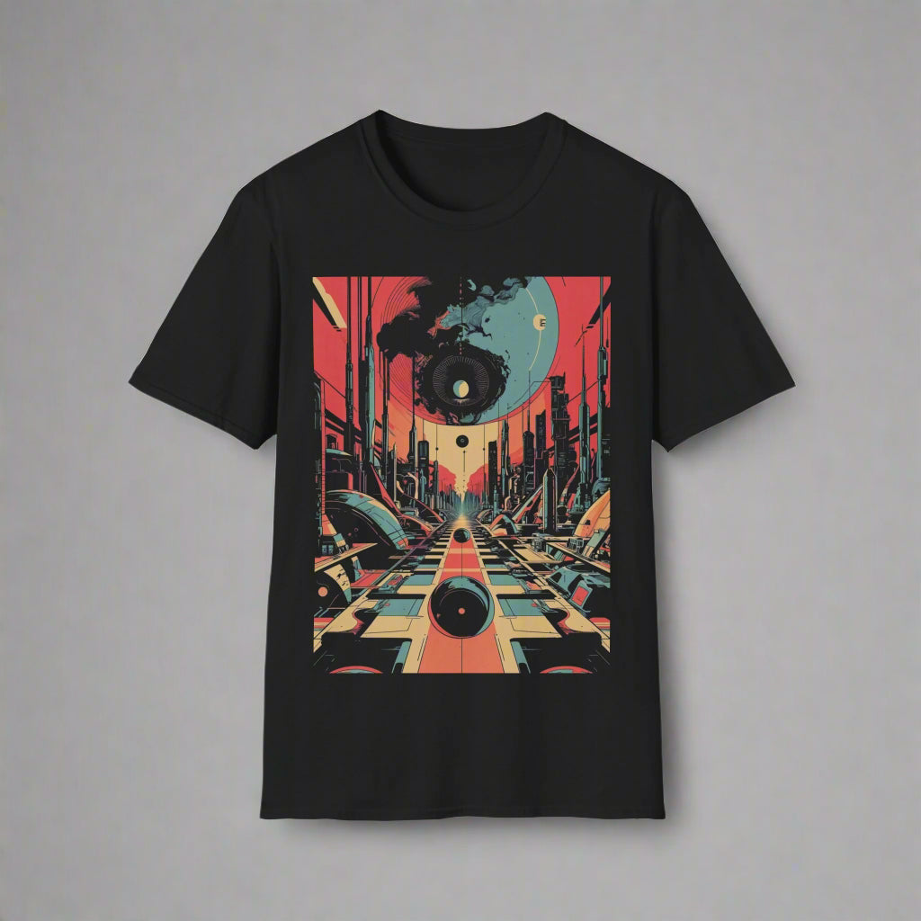 Black t-shirt with a colorful abstract design