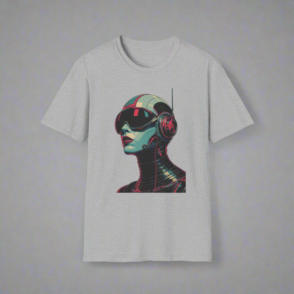 Gray t-shirt with a futuristic robot design