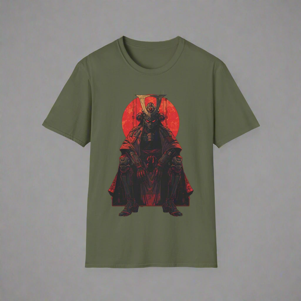 Green t-shirt with a graphic of a character in a red circle