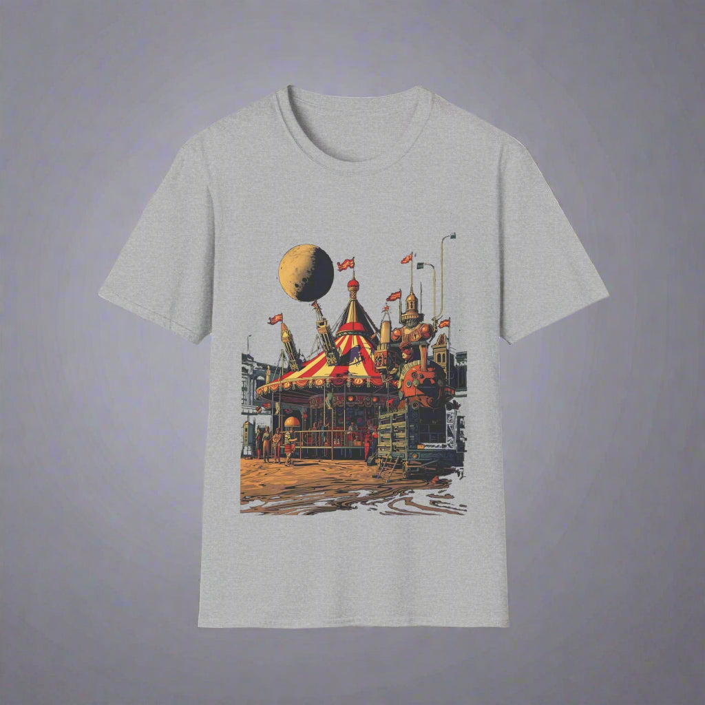 Gray t-shirt with a colorful graphic design