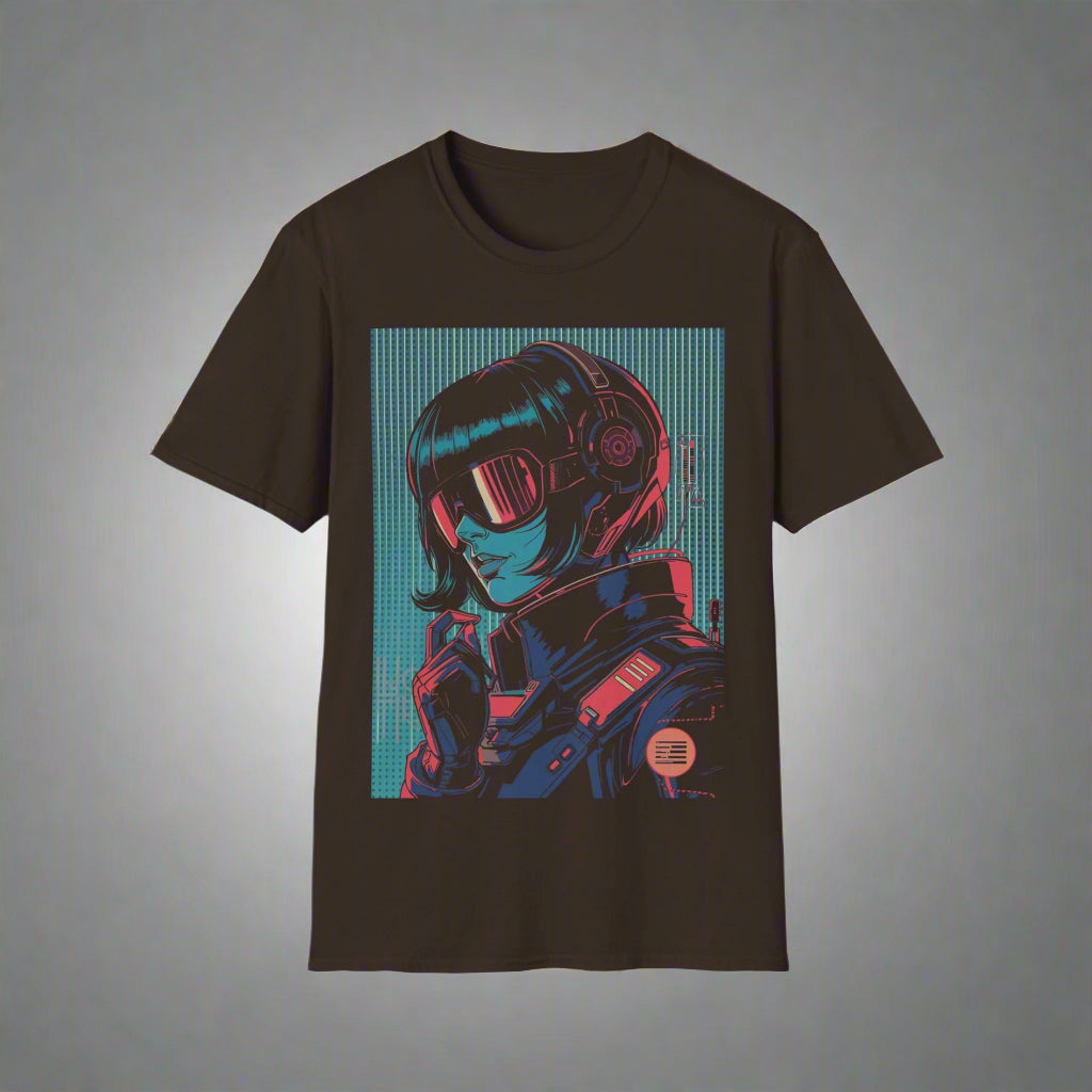 Black t-shirt with a futuristic character design
