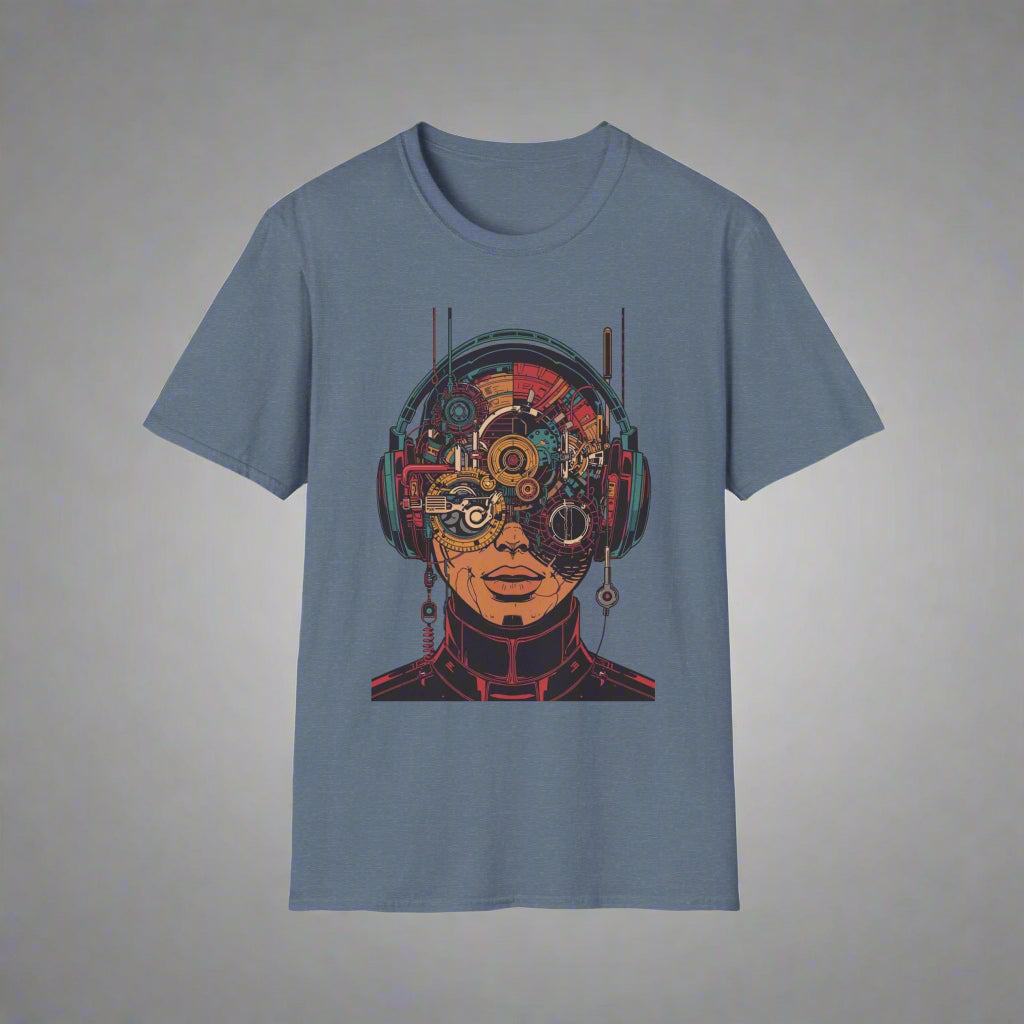 Blue t-shirt with a graphic design of a person wearing headphones and goggles