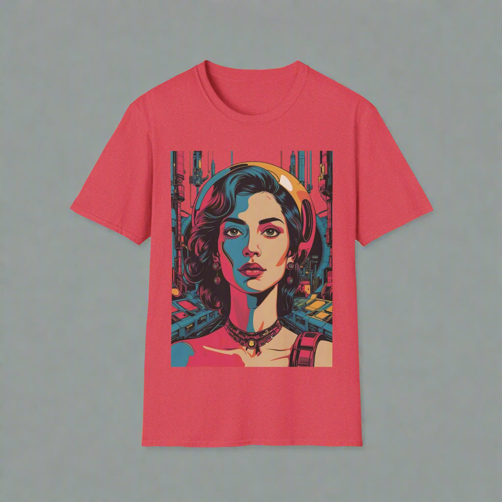 Red t-shirt with a graphic of a woman's face and futuristic elements