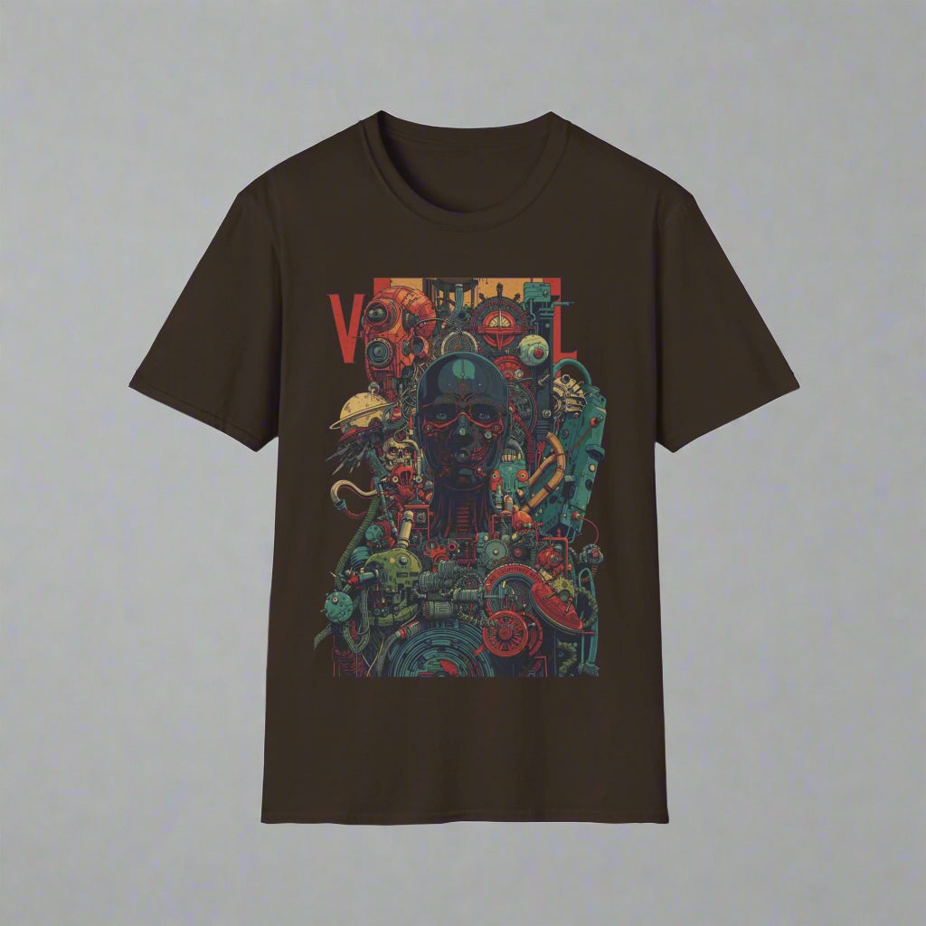 Black t-shirt with a colorful graphic design