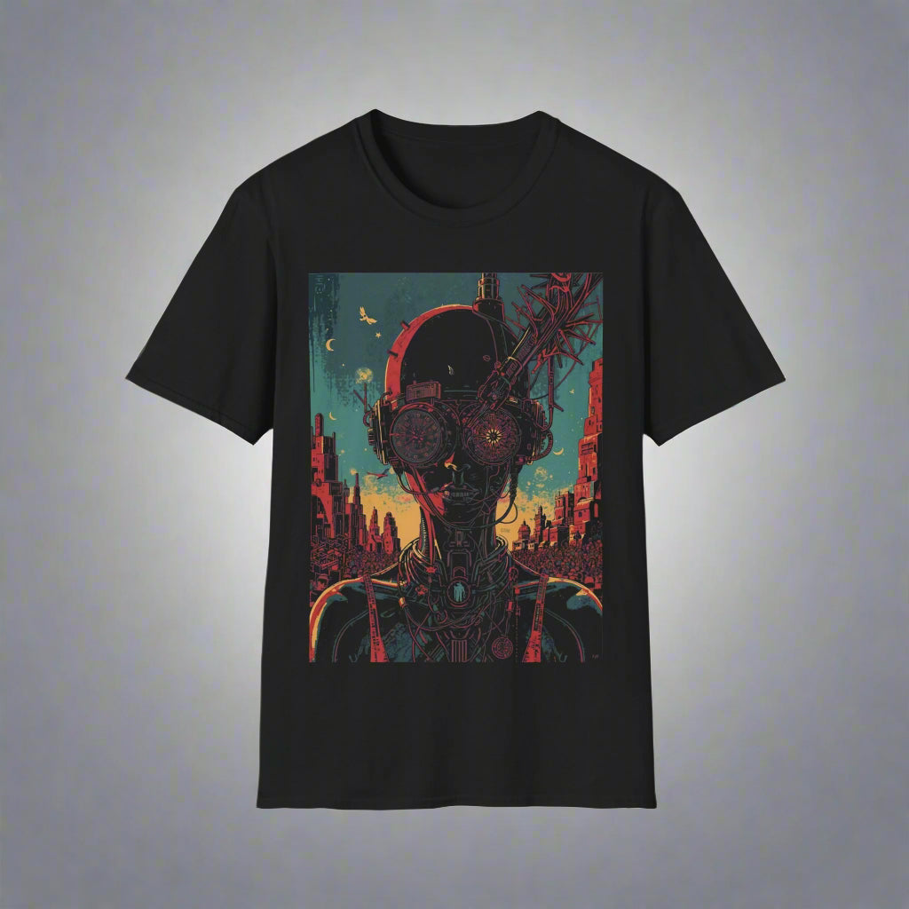 Black t-shirt with a robot and cityscape design