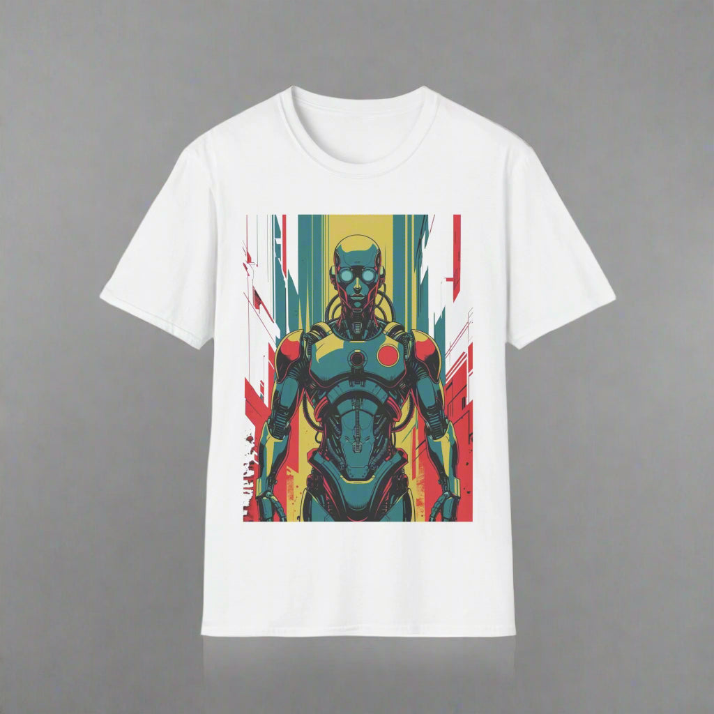 White t-shirt with a colorful graphic of a robot